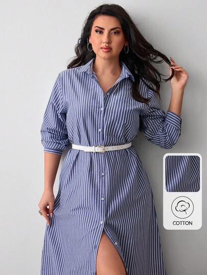 EURMUSE Plus Size Women's Casual Classic Striped Button Dress