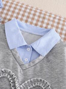 Girls Casual Versatile 2 In 1 Sweatshirt, With Blue & White Striped Shirt Collar, Cuffs And Hem, Black Letter Print Graphic On Chest, Suitable For Autumn/Winter Outings, Travel, Walking, School, Commuting, Can Be Paired With Jackets, Pants, Sweatpants - Grey - View 7