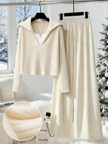 GlowEve 2 件套女士针织长袖上衣和灯芯绒内衬阔腿直筒裤套装，休闲日常通勤时尚法式街头复古商务假日杏色秋冬家居服 - 杏色 - 查看 3