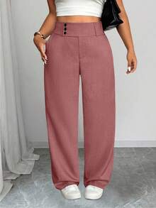 SHEIN Tall CURVE Quần ống đứng thường ngày cỡ lớn cho nữ có cạp chun rộng - Hồng - Xem 4