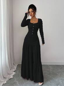 Selianne Bộ 2 món áo sơ mi cổ vuông tay dài chất liệu vải hồng họa tiết phong cách nghỉ dưỡng thường ngày cho nữ, thiết kế xếp ly và chân váy xòe, mùa thu - màu đen - Xem 5