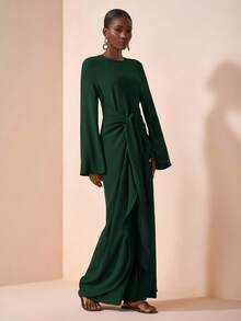 Zivah 2025夏初秋新款，适合生日派对，毕业季，日常出游，百搭，休闲度假，邮轮旅行，沙滩海边沐浴阳光，网络爆款，休闲优雅，通勤派对，圆领，长袖，喇叭袖口，腰带设计，修身超长连衣裙，女士棕色长裙-A - 橄欖綠 - 查看 4