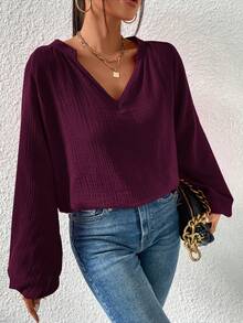 EMERY ROSE Áo sơ mi tay dài cổ chữ V trơn màu đơn sắc dành cho nữ - Màu tím - Xem 4