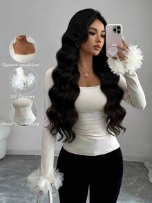 SHEIN Elenzya بلوزة نسائية مربعة الرقبة طويلة الأكمام مع تصميم جانبي مطوي، زخرفة أكمام بالأزهار، أنيقة للاستخدام اليومي والتنقل والموضة والشارع الفرنسي والفينتاج والحفلات والأعمال، باللون البيج، قميص داخلي للخريف/الشتاء - لون مشمشي - مشاهدة 8