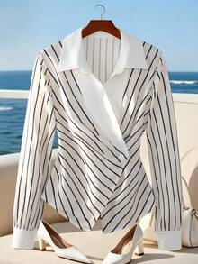 GlowEve Áo sơ mi sọc dài tay màu mơ thanh lịch, kiểu Pháp, thời trang đi làm hàng ngày, cổ điển, đa năng, ngày lễ, công sở, thu/đông - Nhiều màu - Xem 3