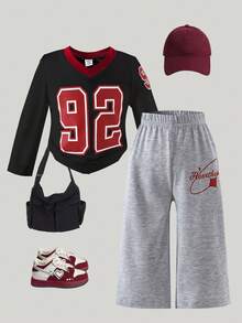 SHEIN 2pcs Baby Girls' Casual V-Neck Letter Graphic Long Sleeve Knit Top And Straight Leg Printed Pants Set, Autumn/Winter - Black - View 1