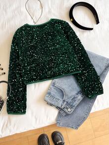 Tween Girl Sequin Patchwork Bow Decor Round Neck Long Sleeve Jacket - Dark Green - View 8
