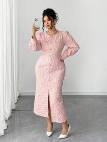 Elenzga Plus Size Women Elegant Jacquard Textured Round Neck Puff Sleeve Button Decor Fitted Front Slit Dress - Pink - View 5