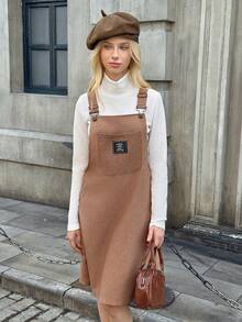 Teen Girl Corduroy Loose Sleeveless Solid Color Pinafore Dress + White Undershirt - Multicolor - View 4