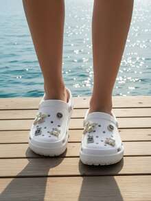 Chanclas para Mujer Estilo Casual con Encanto Metálico, Punta Redonda, Suela Gruesa, Verano, Para Playa y Diario - Blanco - Ver 3