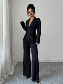 Elenzga Damski jednorzędowy, koronkowy, patchworkowy żakiet i spodnie, elegancki, swobodny, dojazd do pracy, modny, francuski, uliczny, vintage, biznesowy, świąteczny komplet, 2 sztuki, jesień/zima