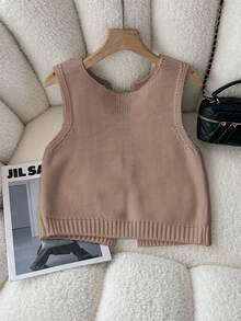 Elamini Women's Colorblock Bow Decor Knitted Fashion Sweater Vest - Camel - View 2