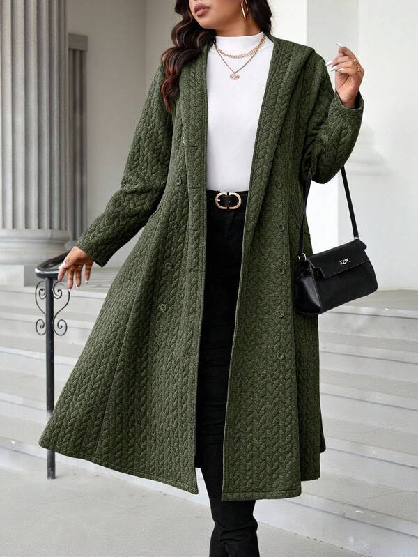 Calvaya Plus Size Solid Color Long Sleeve Front Button Pocket Minimalist Hooded Coat, Casual Everyday Wear Fall Winter Cloth For Women Autumn