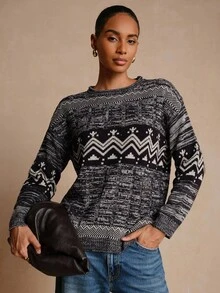 Lyxana Autumn/Winter New Women's Vintage Fashion Jacquard Contrast Color Casual Loose Crew Neck Long Sleeve Sweater - Multicolor - View 5