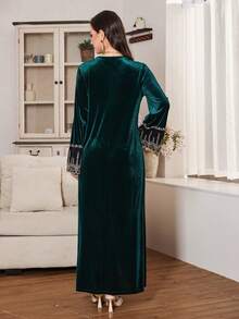 Al Najma Váy nhung dáng rộng thanh lịch thêu vàng, sang trọng, phù hợp cho những dịp trang trọng vào mùa thu/đông - Màu xanh lá cây đậm - Xem 2