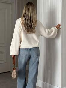 EURMUSE Einfarbiger V-Ausschnitt-Pullover mit Fledermausärmeln, lockerer Oversized-Lässig-Stil, gestrickte Tunika für Herbst/Winter, Damenpullover, Zopfstrick-Pullover, V-Ausschnitt-Pullover, Ballonärmel-Pullover, Jumper, cremefarbener Jumper, Jumper, Weihnachts-Jumper, weißer Jumper, schwarzer Jumper, Damen-Jumper, Damen-Jumper - Aprikosenfarben - Übersicht 2