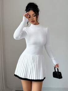 SHEIN Elenzya 时尚独特休闲腰部收紧半高领拼色 A 字形褶皱针织长袖毛衣裙，修身版型，女式，春秋季 - 白色 - 查看 3