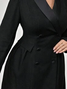 Modelyn 秋季大码女式纯色披肩领长袖口袋双排扣休闲夹克 - 黑色 - 查看 4