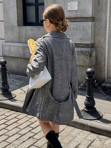 Tween Girls Fashionable Casual Loose Belted Double-Breasted Long Windbreaker, Suitable For Commuting Or Daily Wear In Autumn - Dark Grey - View 2