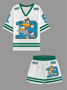 Slaydiva Tuta casual semplice in jersey, 2 pezzi da donna, con stampa con il numero 19 e anatra per la primavera/estate 2025 - Multicolore - Visualizzare 3