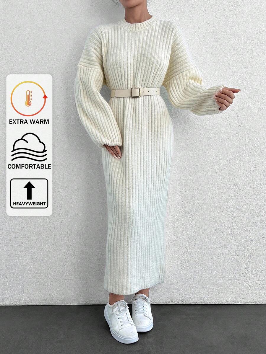 EURMUSE Robe pull ample à col rond et épaules dégagées unicolore pour femme, convient pour l'automne/hiver - Blanc - Voir 1