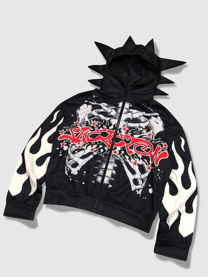 Street Life Men's Casual Fashionable Street Skeleton & Flame Letter Print Hooded Zip-Up Sweatshirt, Spring/Autumn