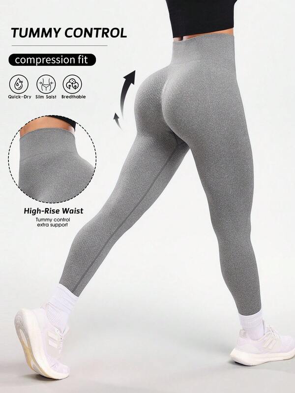 Seamluxe SHEIN Sport Leggings opacos sin costuras de color gris para mujer, pantalones ajustados informales para hacer ejercicio y yoga