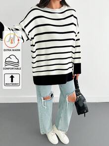 SHEIN Tall 女式黑白休闲毛衣，日常穿着，秋季，冬季 - 黑與白 - 查看 1