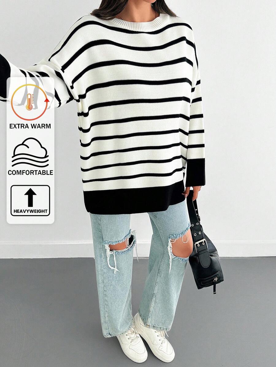 SHEIN Tall 女式黑白休闲毛衣，日常穿着，秋季，冬季 - 黑與白 - 查看 1