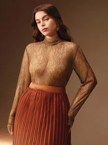Anewsta Áo ren cỡ lớn dành cho nữ, ôm sát, thanh lịch, đa năng, kiểu áo chui đầu hơi xuyên thấu. - Màu Khaki - Xem 5