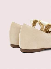 CUCCOO DOLLMOD أحذية نسائية بيج بتصميم بسيط بأصبع قدم مستدير مزينة بفيونكة مرنة، أحذية ماري جين مريحة بكعب مرتفع