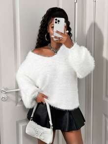 SHEIN Unity 女士蓬松V领宽松套头衫，秋冬新品 - 白色 - 查看 5