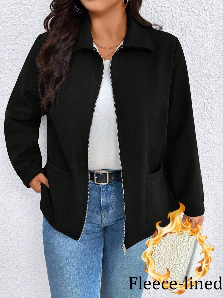 SHEIN CURVE+ Áo khoác lông cừu dài tay có khóa kéo thời trang thu đông bán chạy cho nữ cỡ lớn, áo gió màu trơn đa năng, mặc đi làm thường ngày, phù hợp cho đi bộ đường dài, leo núi, cắm trại - màu đen - Xem 1