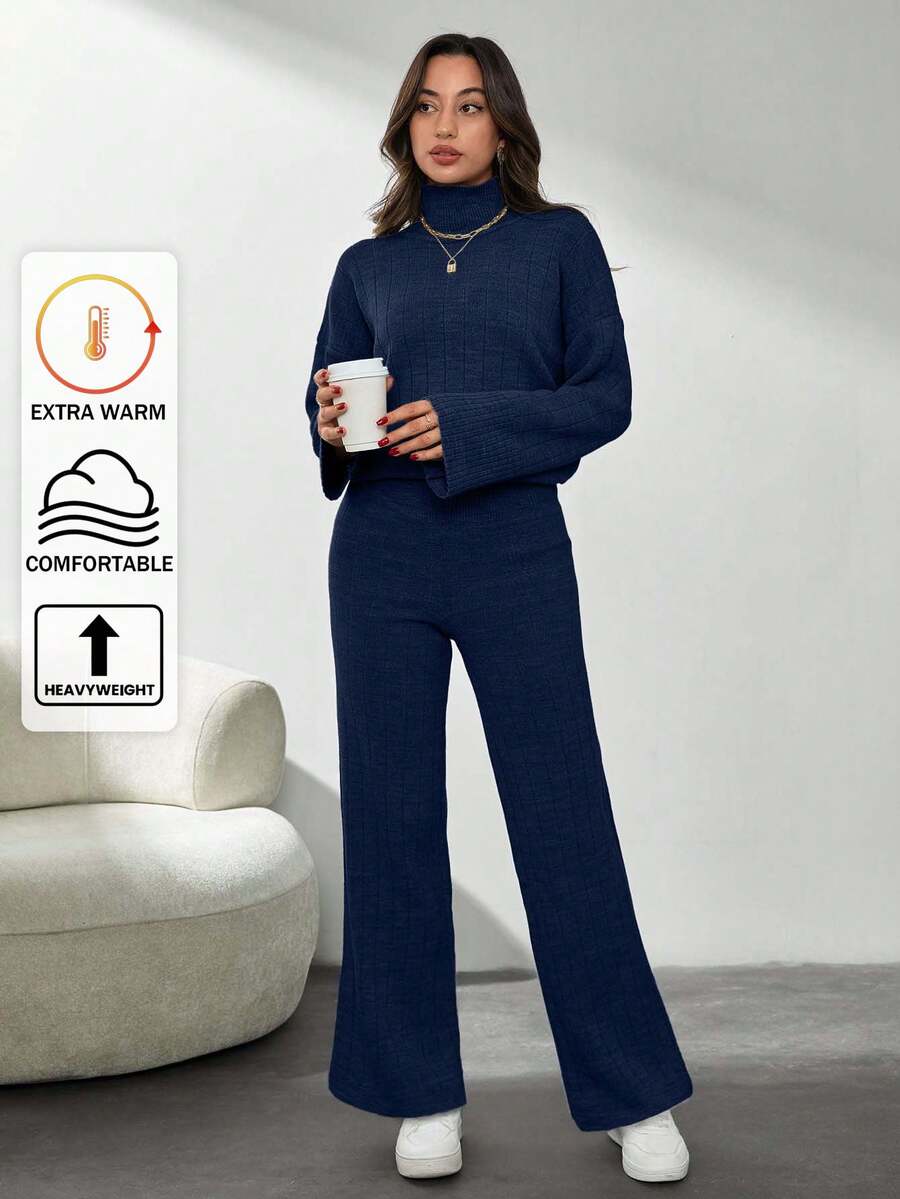 SHEIN Tall 純色長袖毛衣與針織長褲兩件套,小碼,冬季衣物,高個女性 - 藏蓝色 - 查看 1