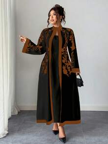 SHEIN Clasi 大码女式连体优雅度假风印花立领喇叭袖修身连衣裙 - 彩色 - 查看 1