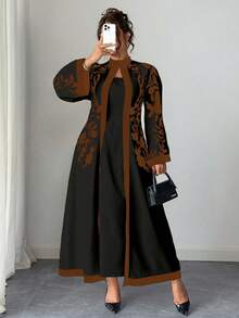 SHEIN Clasi 大码女式连体优雅度假风印花立领喇叭袖修身连衣裙 - 彩色 - 查看 4