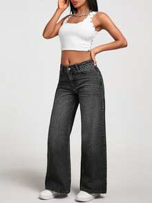 EURMUSE Quần jean ống đứng túi xéo giặt thường ngày cho nữ - Màu xám đen - Xem 3