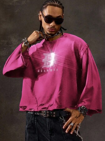 Street Life T-shirt à manches longues pour hommes avec imprimé diamant délavé, coupe ample et courte