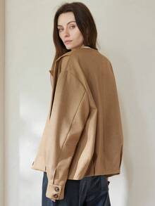Aveloria Modichic Solid Color Twill European & American Style Versatile Bomber Jacket, Long Sleeve Outerwear - Khaki - View 2