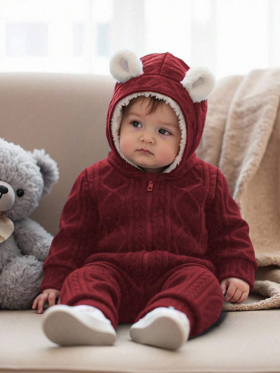 SHEIN Playful Pals Babyboy 休闲连帽羊毛连体裤,海军蓝,适合秋冬季外出、休闲装、周末野餐和舒适派对 - 酒紅色 - 查看 1