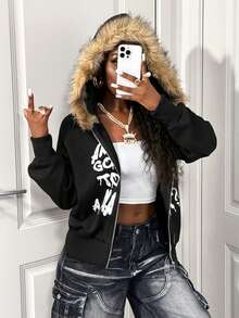 BamGleam Damen Lässig Reißverschluss Thermofutter Kapuzen Sweatshirt mit Fellkragen, geeignet für Herbst/Winter, Retro Vintage, Herbst, Reißverschluss Sweatshirt Damen, Reißverschluss Sweatshirt für Damen mit Kunstfellkragen - Schwarz - Übersicht 1