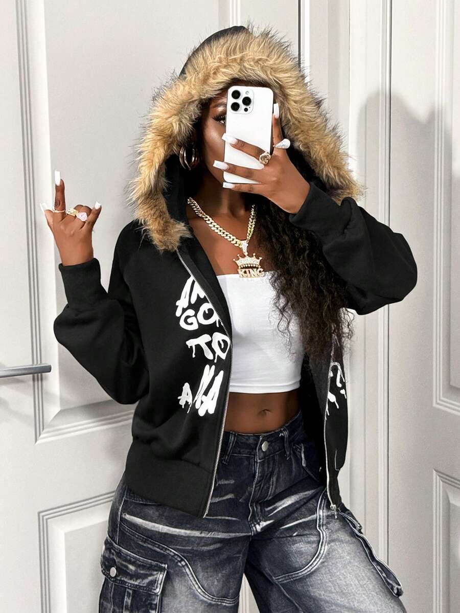 BamGleam Damen Lässig Reißverschluss Thermofutter Kapuzen Sweatshirt mit Fellkragen, geeignet für Herbst/Winter, Retro Vintage, Herbst, Reißverschluss Sweatshirt Damen, Reißverschluss Sweatshirt für Damen mit Kunstfellkragen - Schwarz - Übersicht 1