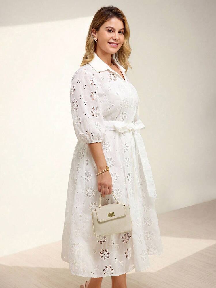 Momelise Plus Size Women Elegant Solid Color V-Neck Hollow Embroidery Lantern Sleeve, Cardigan With Button Tie Waist Long Dress - White - View 6