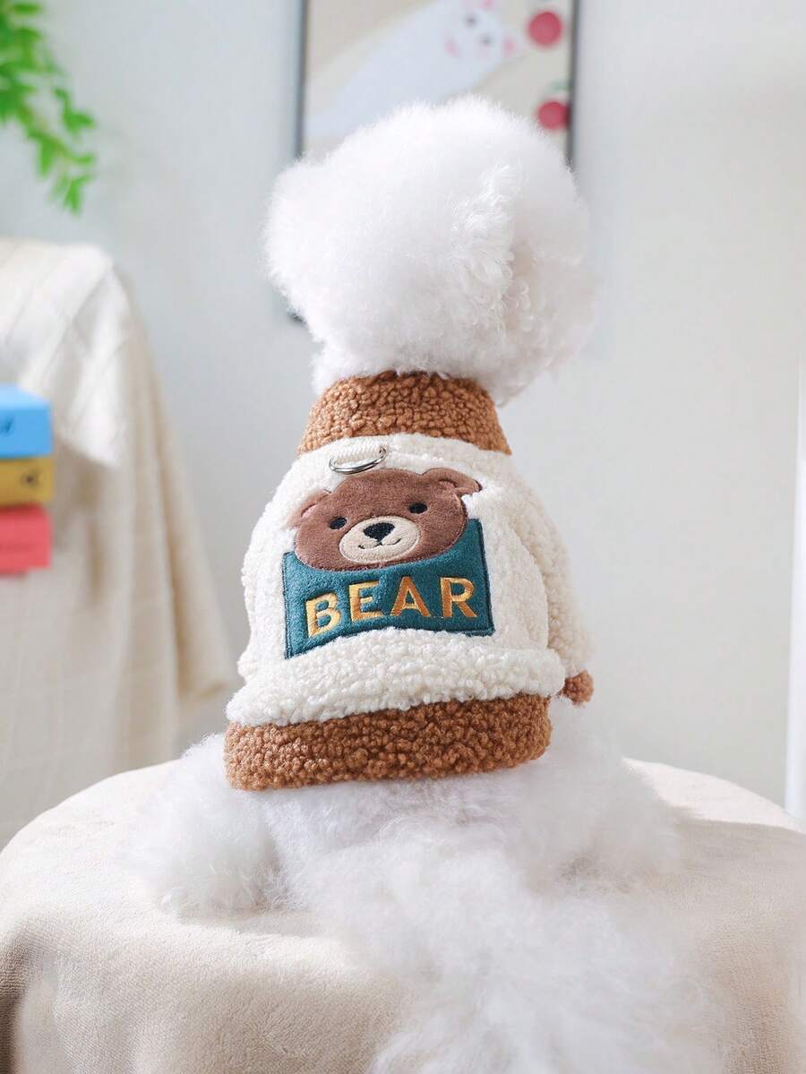 PETSIN 1件寵物秋冬裝,可愛刺繡棕熊卡通圖案貓狗衣服,秋冬加厚保暖開襟夾克外套 - 棕小熊 - 查看 1