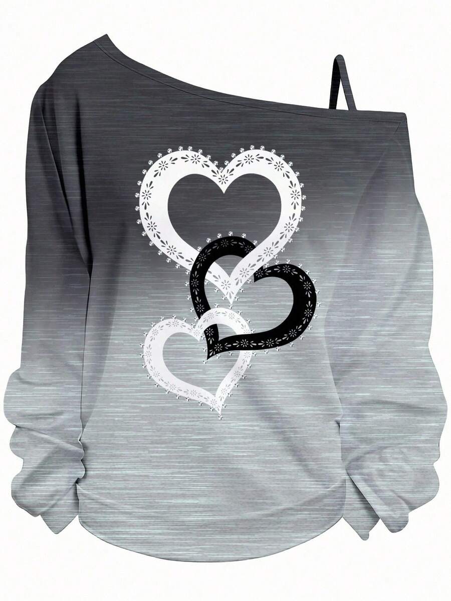 EMERY ROSE 1 件女式加大码渐变色心形印花露肩长袖 T 恤，休闲，适合秋冬季，黑色 T 恤，秋季女装 Y2k 服装女式上衣露肩运动衫女式长袖上衣可爱长袖上衣灰色 - 彩色 - 查看 1