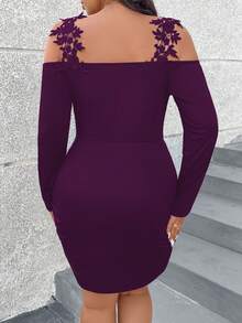 SHEIN Clasi Plus Size Women's Elegant Solid Color Patchwork Lace Cutout Shoulder Ruched Fitted Dress, Spring/Autumn