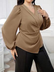 Modelyn Plus Size Solid Color Minimalist V-Neck Long Sleeve Shirt, Casual Everyday Wear - Khaki - View 4
