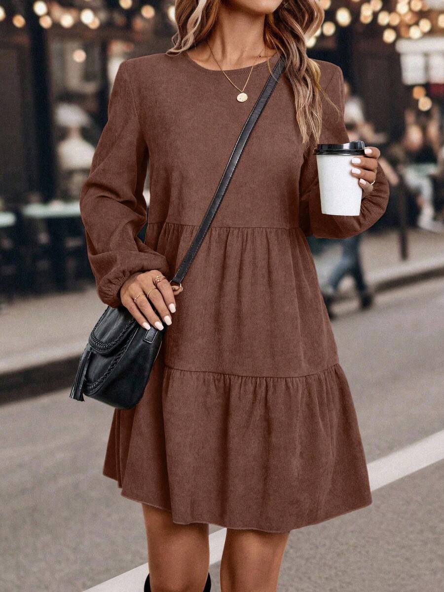 EMERY ROSE 女式圆领灯笼袖休闲百褶连衣裙 - 鏽棕色 - 查看 1