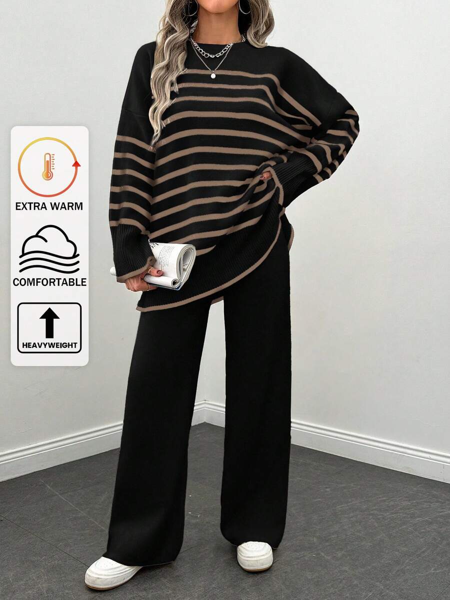 2pcs Women Casual Everyday Loose Drop Shoulder Striped Pullover Sweater And Straight Knit Pants Set - Black - View 1