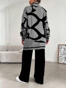 EURMUSE 2pcs Women Geometric Pattern Stand Collar Drop Shoulder Long Sleeve Casual Sweater & Knit Pants Set, Autumn/Winter - Grey - View 2